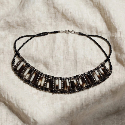 NECKLACE - Silver and black beads - Porcupine quill