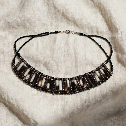 NECKLACE - Silver and black beads - Porcupine quill