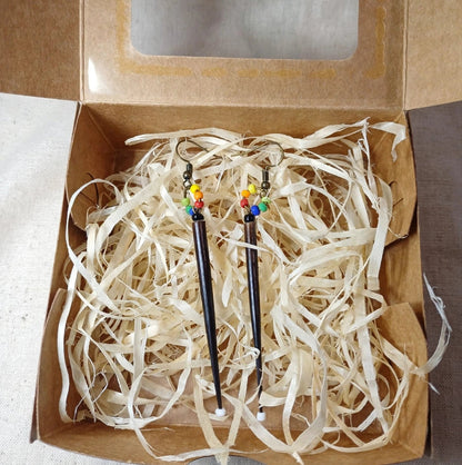 EARRINGS - Porcupine Quill - Black tips, rainbow beads