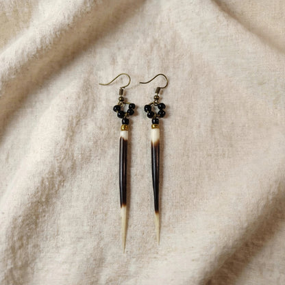 EARRINGS - Porcupine Quill - Black and White tips, black and gold beads