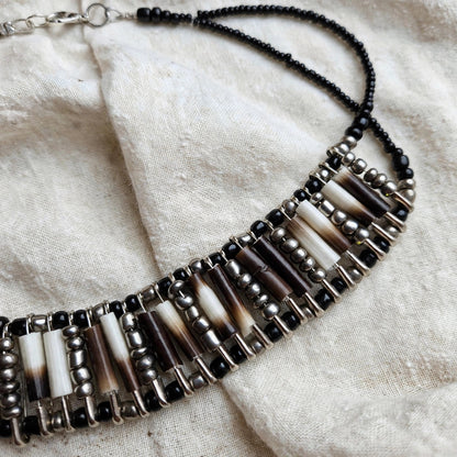 NECKLACE - Silver and black beads - Porcupine quill