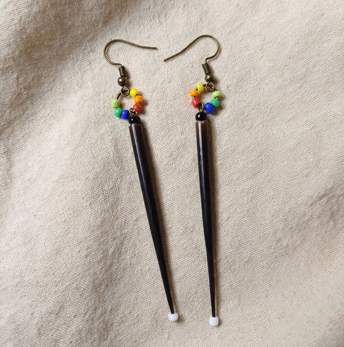 EARRINGS - Porcupine Quill - Black tips, rainbow beads