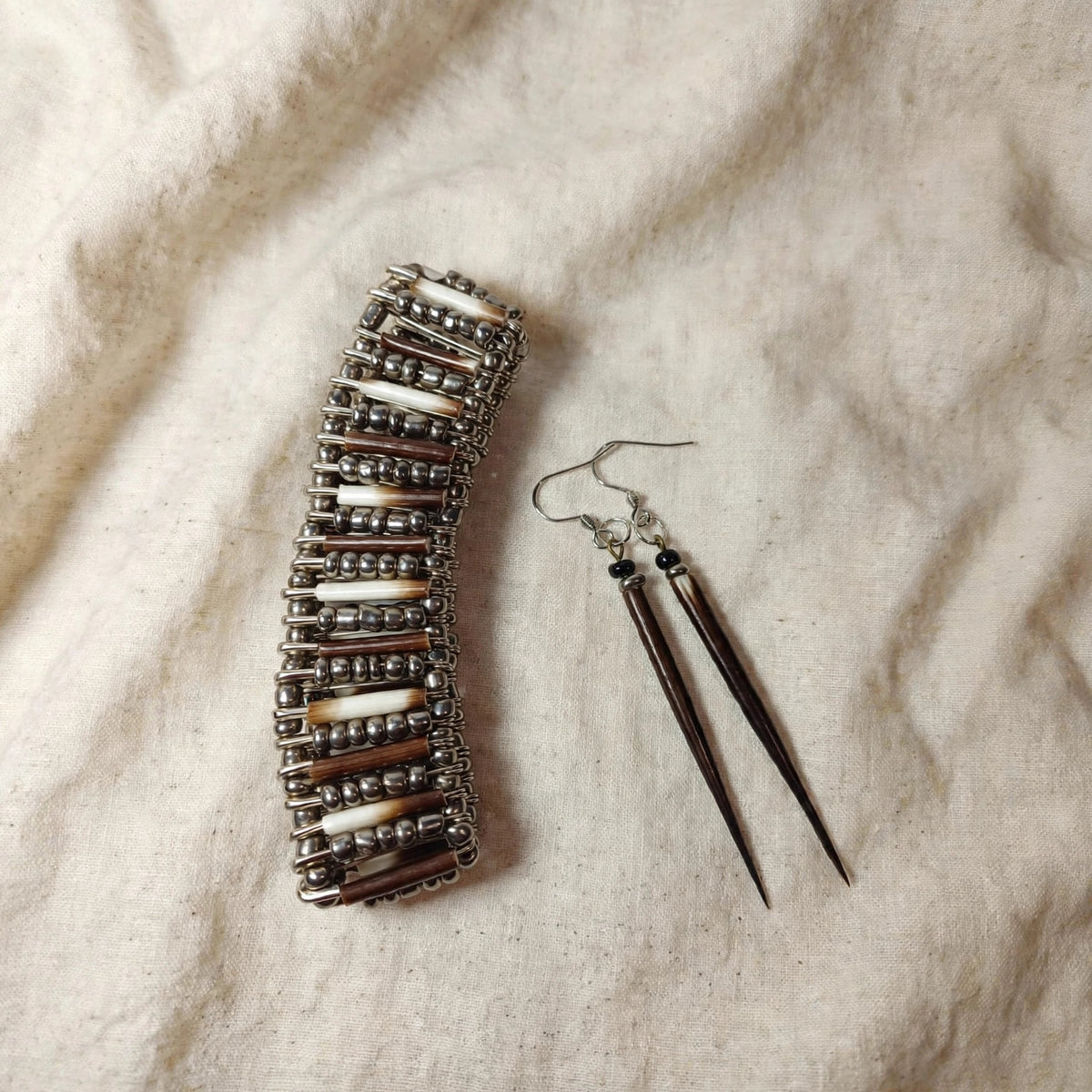 EARRINGS - Porcupine Quill - Black tips, chrome and black beads