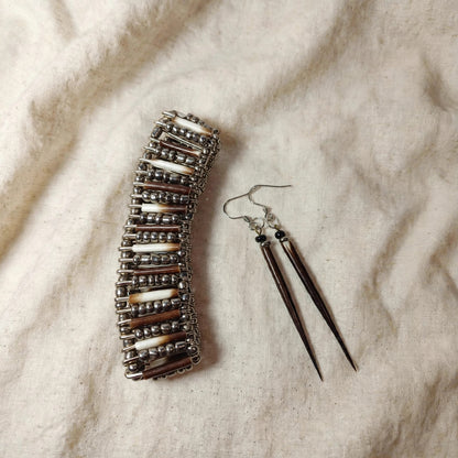 EARRINGS - Porcupine Quill - Black tips, chrome and black beads