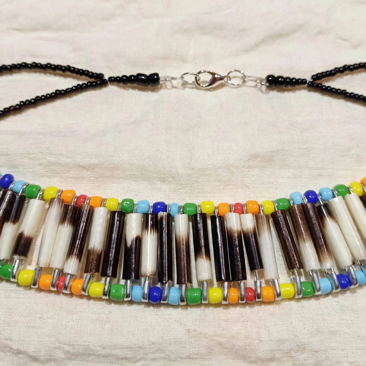 NECKLACE - Rainbow and black beads - Porcupine quill