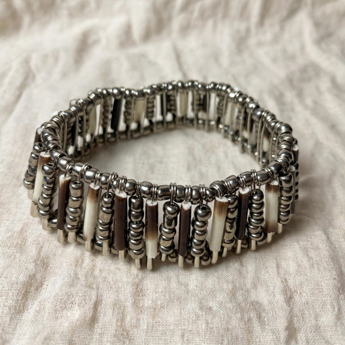 BRACELET - Porcupine Quill - Chrome Beads with Chrome bead inlay