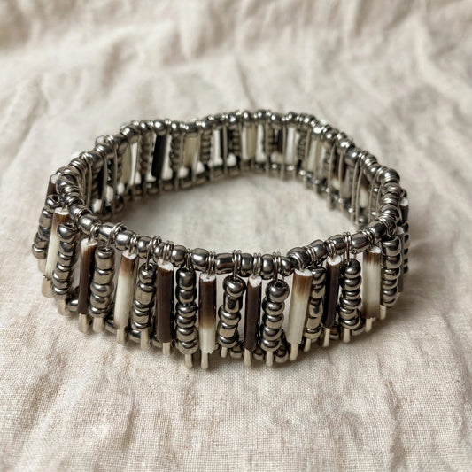 BRACELET - Porcupine Quill - Chrome Beads with Chrome bead inlay