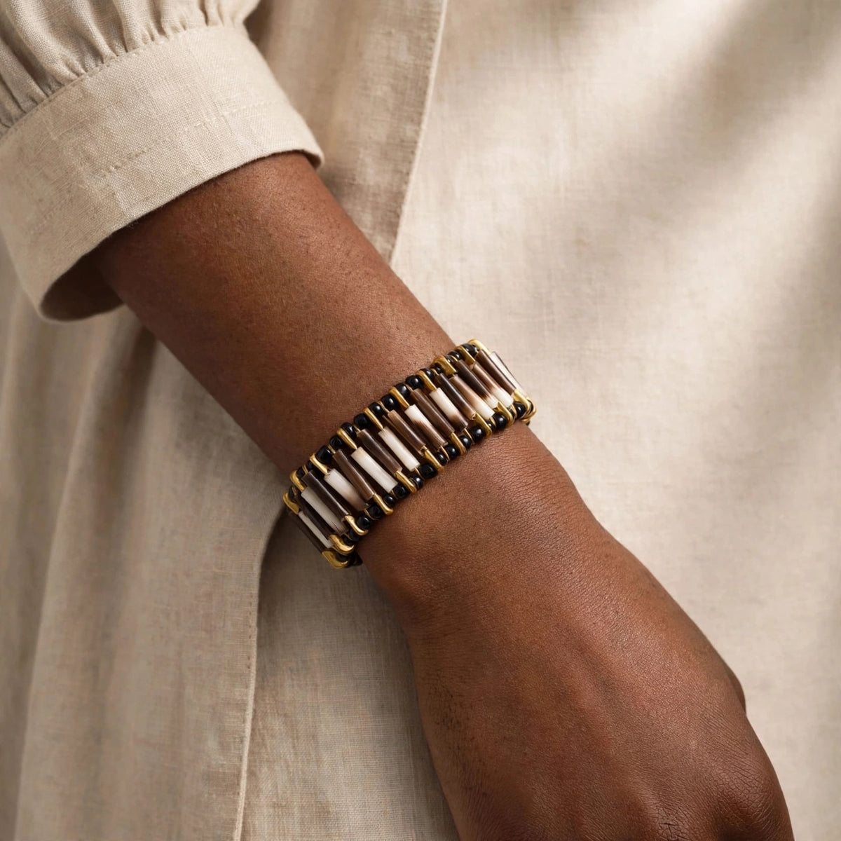 BRACELET - Porcupine Quill - Old Gold with Black Beads