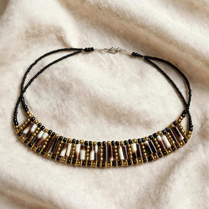 NECKLACE - Old gold and black beads - Porcupine quill