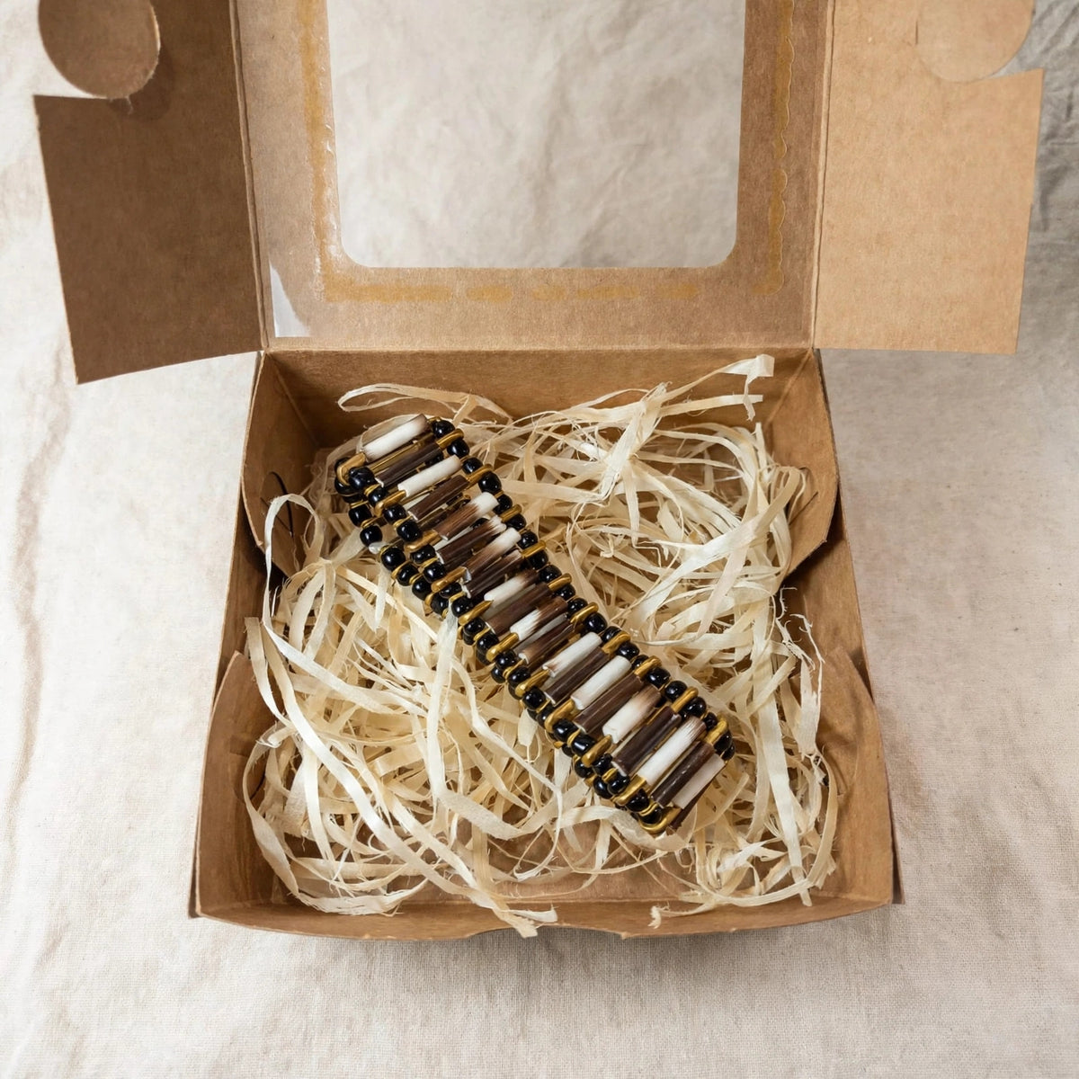 BRACELET - Porcupine Quill - Old Gold with Black Beads