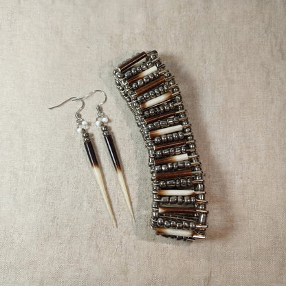 EARRINGS - Porcupine Quill - Black and White tips, black and chrome beads