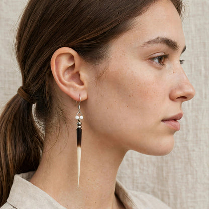 EARRINGS - Porcupine Quill - Black and White tips, black and chrome beads