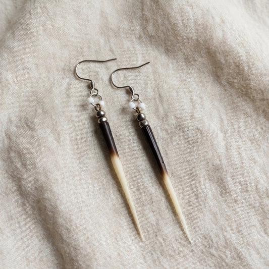 EARRINGS - Porcupine Quill - Black and White tips, black and chrome beads