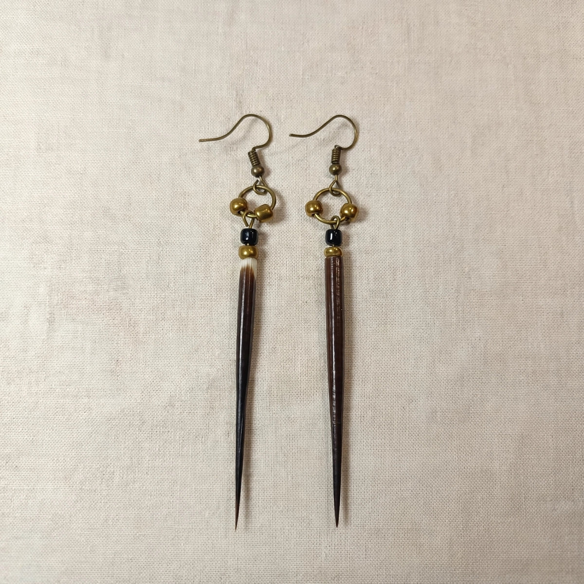 EARRINGS - Porcupine Quill - Black tips, gold and black beads