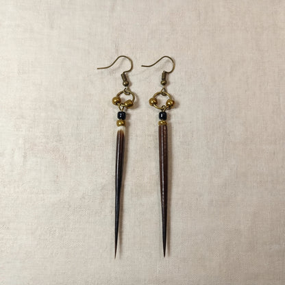 EARRINGS - Porcupine Quill - Black tips, gold and black beads