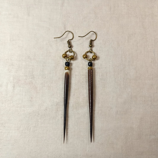 EARRINGS - Porcupine Quill - Black tips, gold and black beads